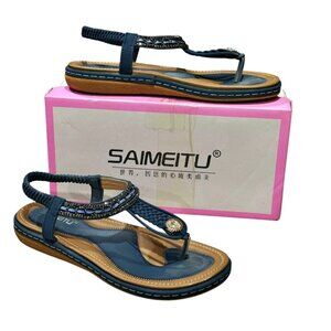 Womens Navy Blue Summer Sandals Size 8 Bohemian Braided Rope Beaded Thong Comfy